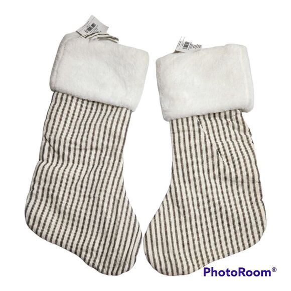 Mud cloth Christmas stoking striped gray and white 18" - Picture 1 of 2